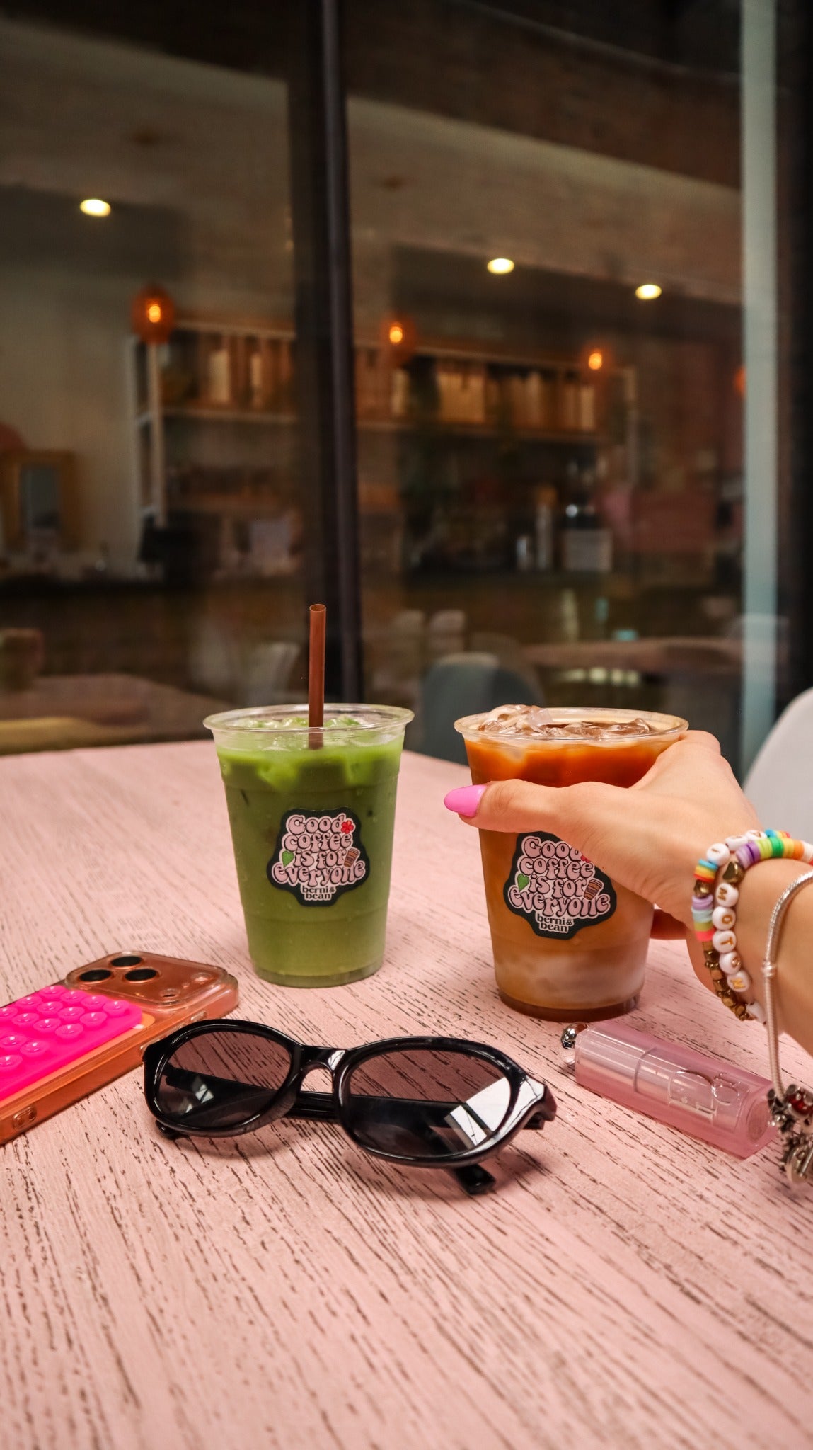 Coffee and matcha at the Berni Bean Deep Ellum patio